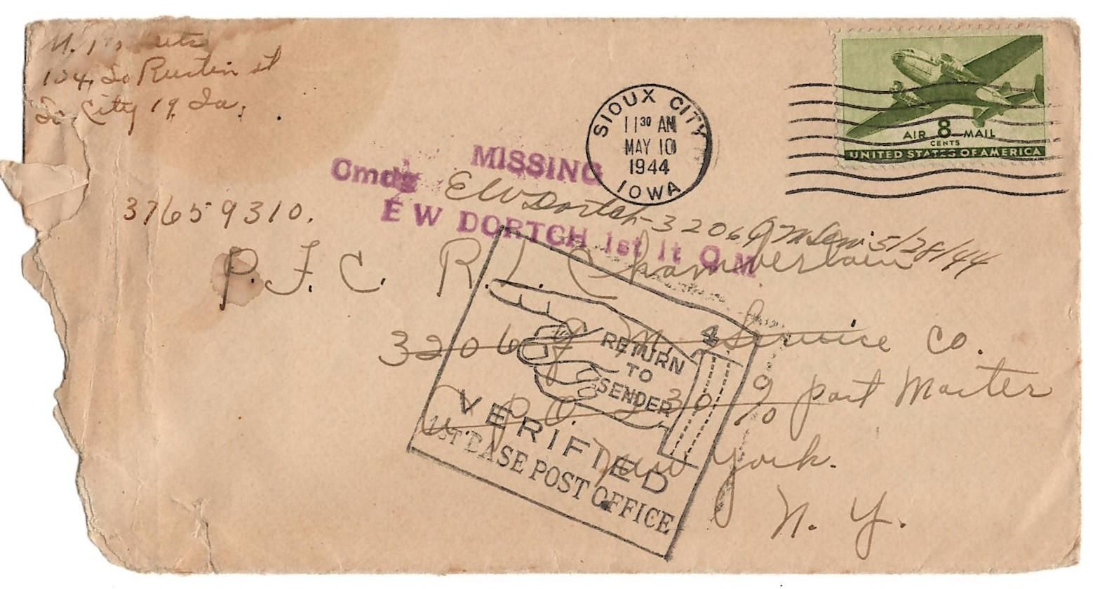 Returned Envelope addressed to P.F.C. R.L. Chamberlain, 3206 Q.M. Service Co.