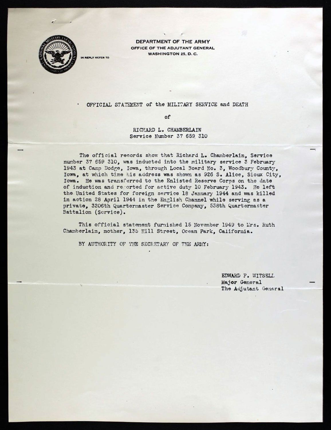 Department of the Army letter