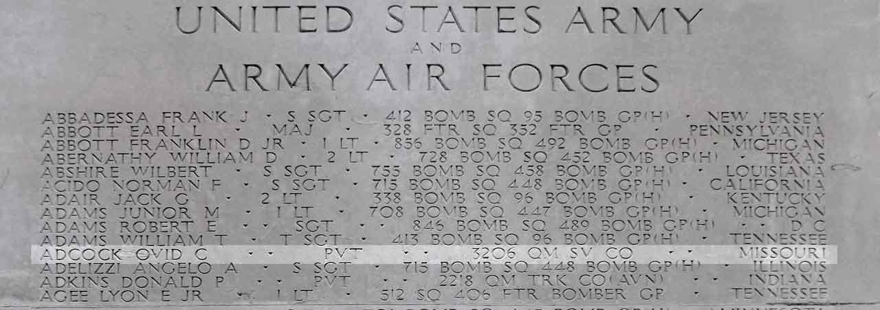 Private Ovid Adcock commemorated on Tablets of the Missing, Cambridge American Cemetery, Cambridge, United Kingdom.