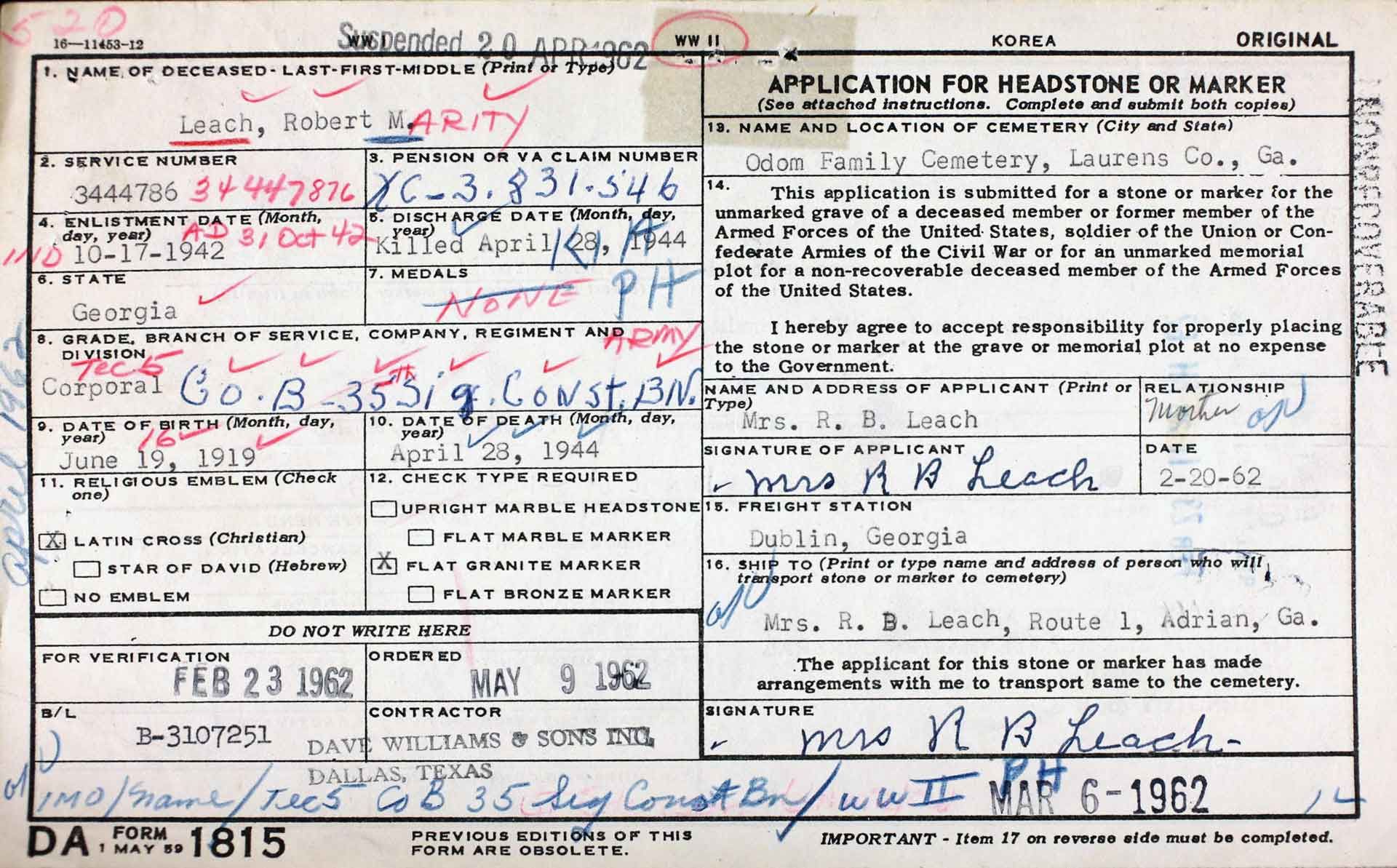 Headstone application form image.