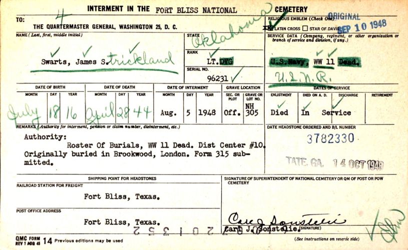 Lt. James Strickland Swarts interment form for the Fort Bliss National Cemetery.