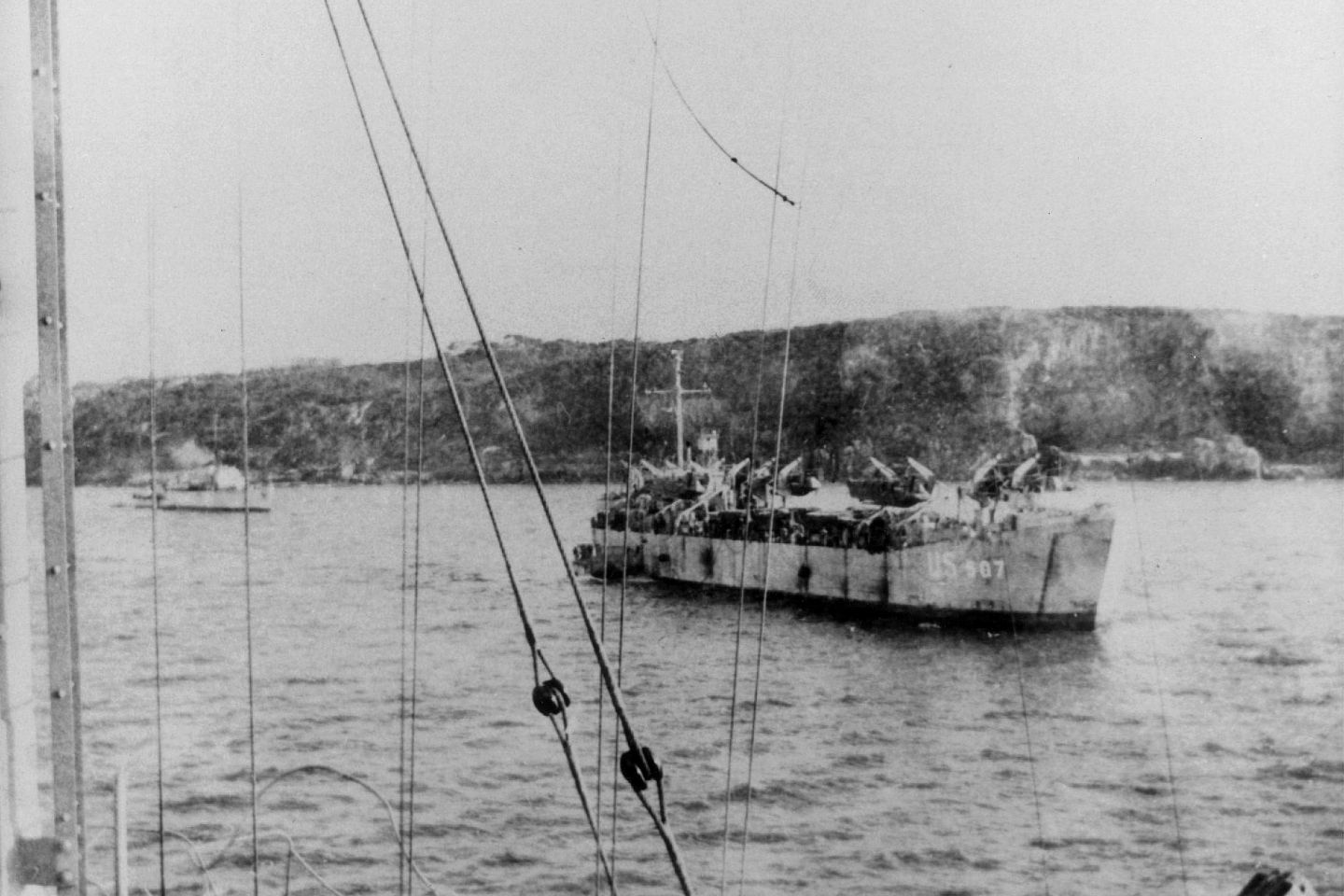 USS LST-507 at anchor in Brixham Harbour, England, 27 April 1944.