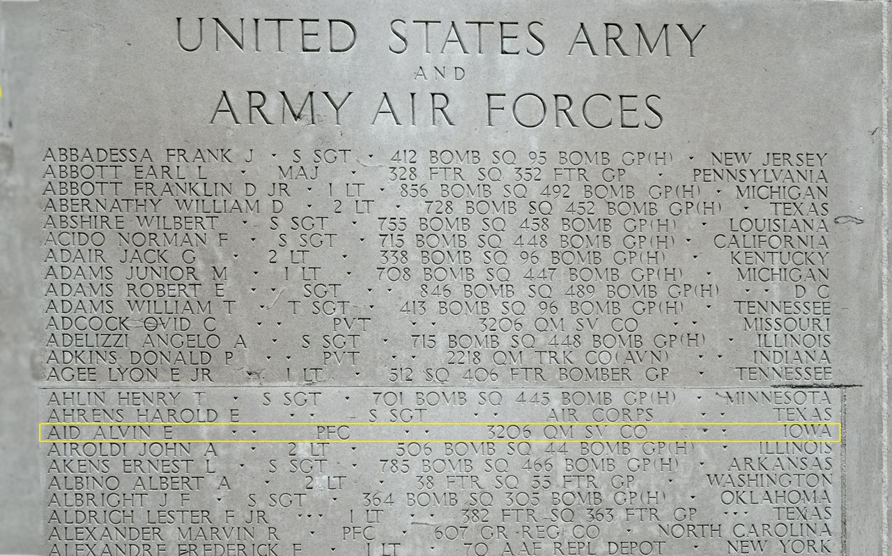 Pfc Alvin Eldred Aid is commemorated on the Tablets of the Missing, Cambridge American Cemetery, Cambridge, United Kingdom