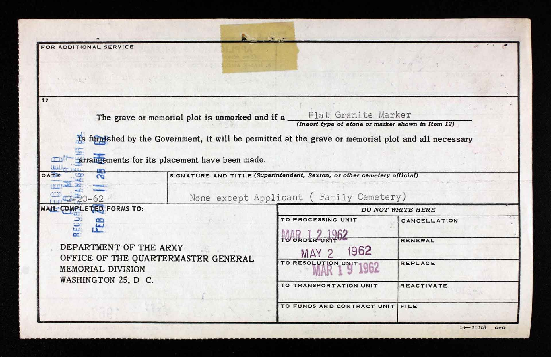 Headstone application form reverse.