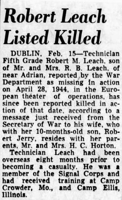 Dublin, Georgia, newspaper cutting reporting the death of Robert M. Leach image.